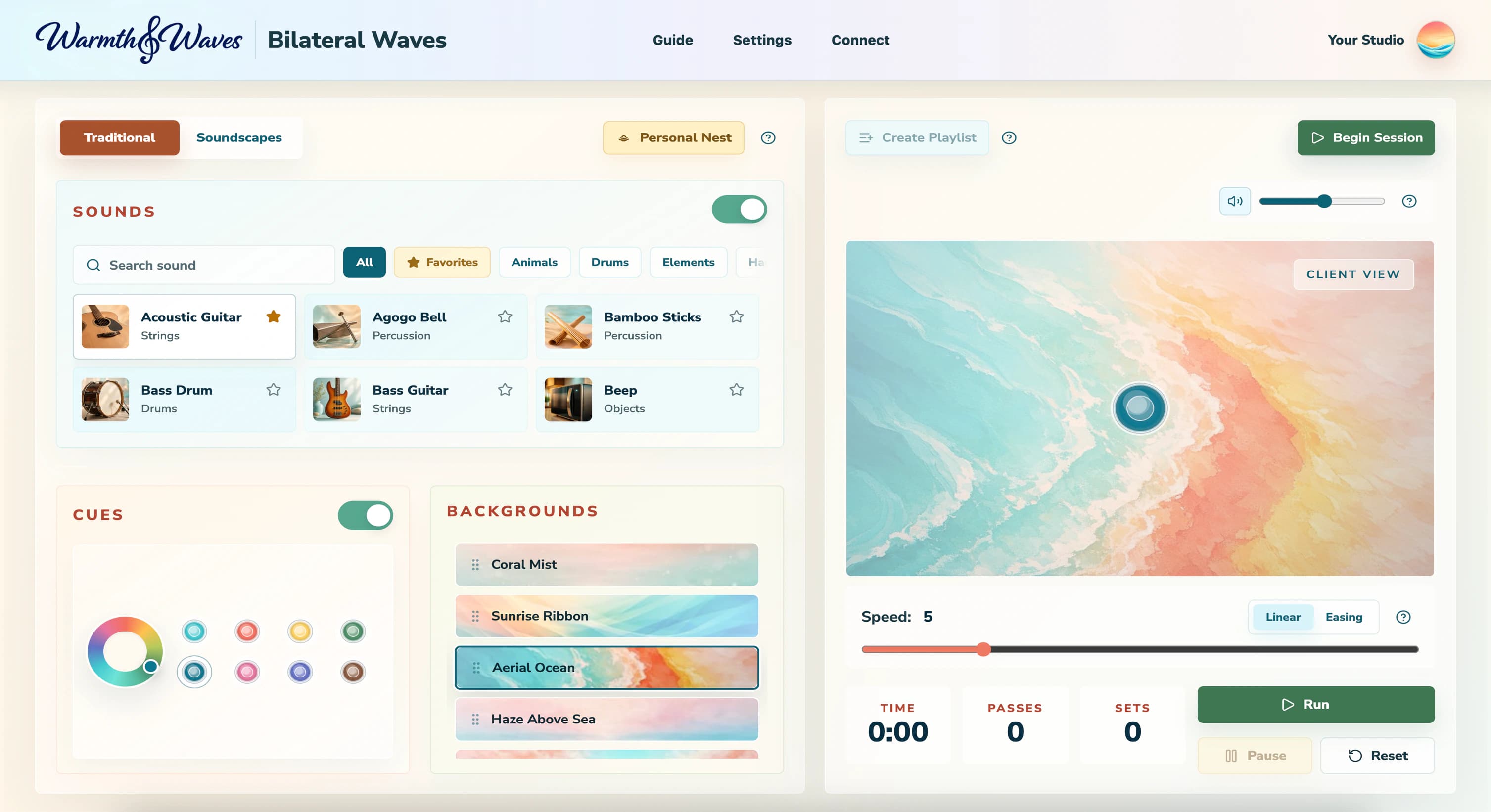 Bilateral Waves Traditional studio showing sound controls, cue colors, background options, and an animated client preview.